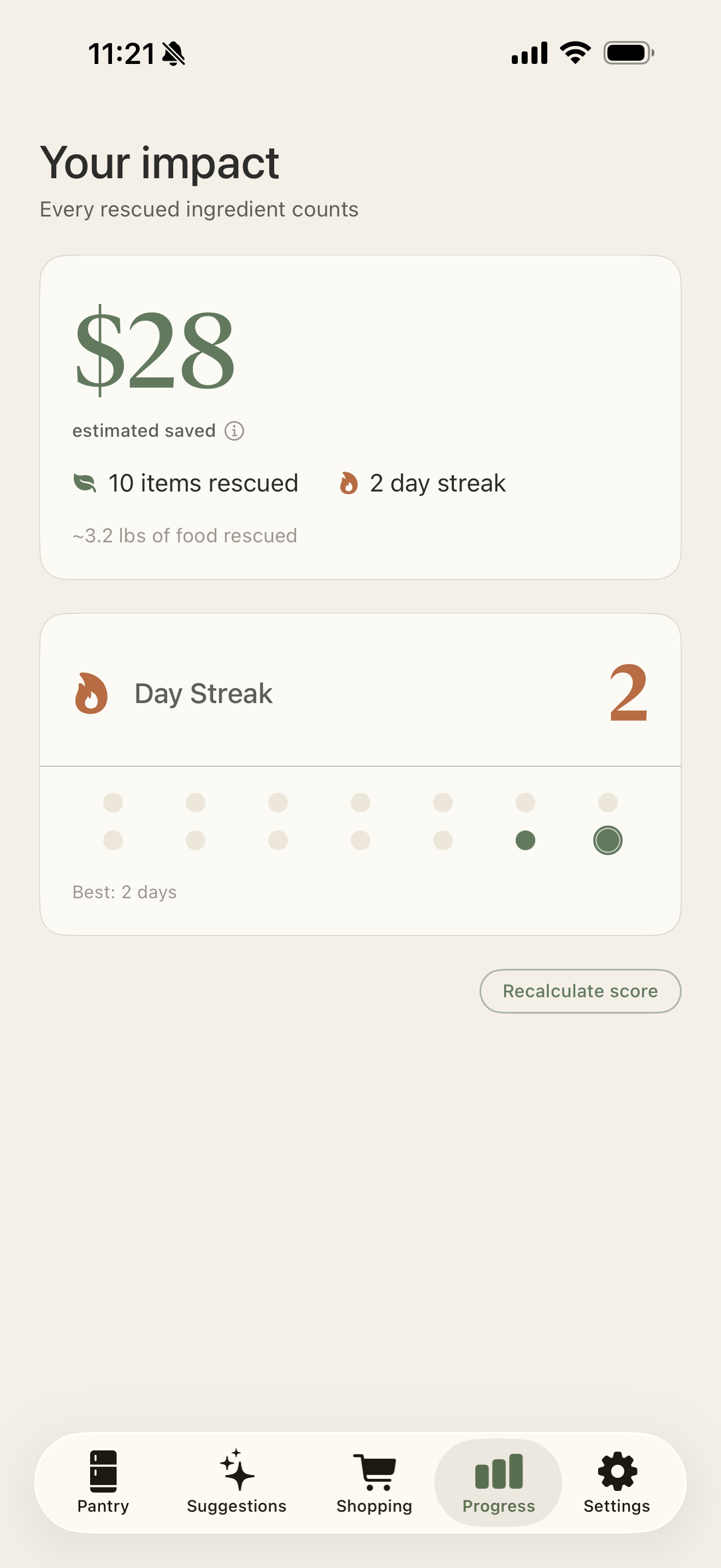 MiseCook progress screen showing savings